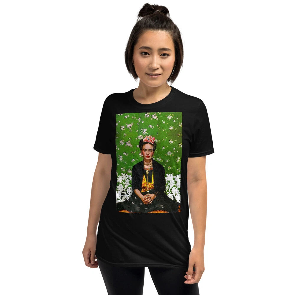 Frida with Flowers T Shirt Original Design Frida Kahlo Green T-Shirt