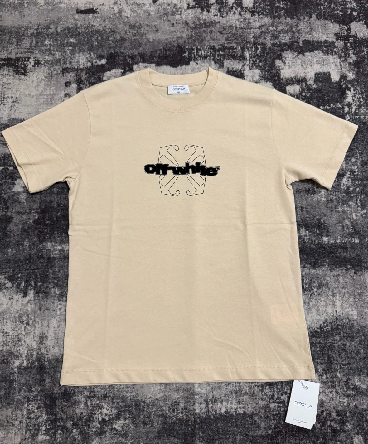 Offwhite Beige Cotton Logo Graphic Tshirt Crew Neck Short Sleeve T-Shirt Sz M
