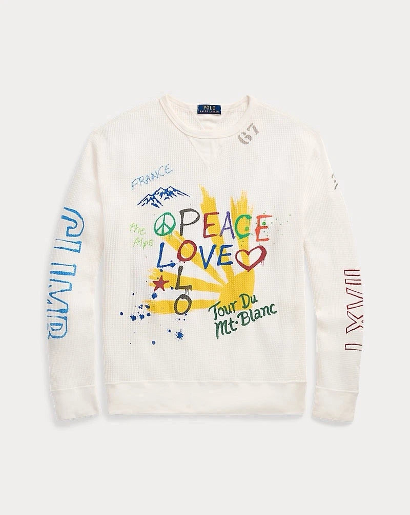 NWT POLO RALPH LAUREN White “PEACE LOVE POLO” L/S Waffle Knit Crewneck Shirt-XL