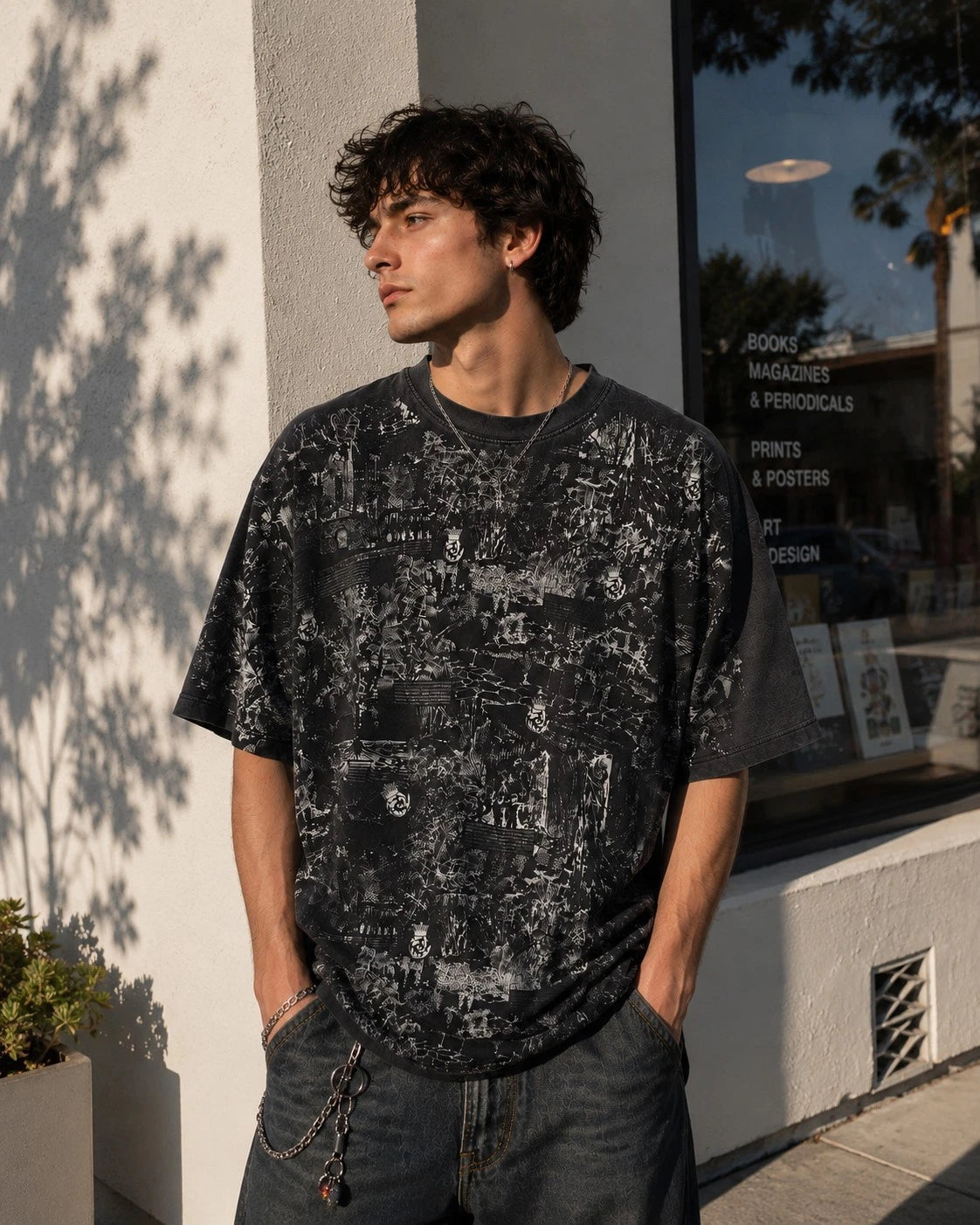Y2K City Cotton Graphic T Shirt Mens 2XL Black Oversized All Over Print Grunge