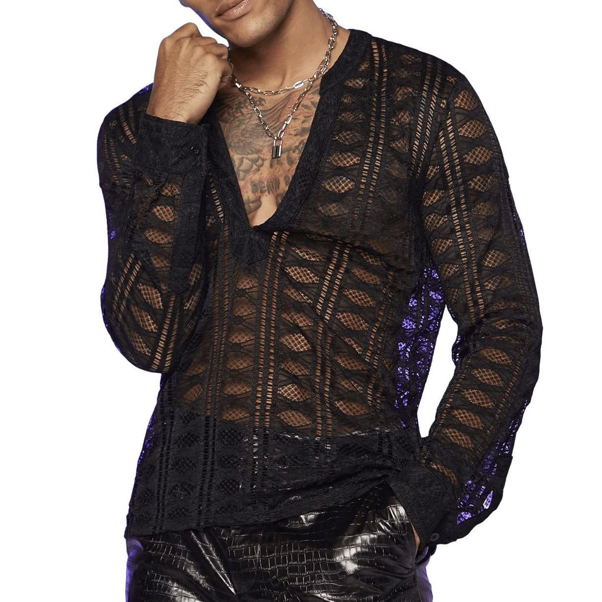 Men V-Neck Lace Long Sleeved T-Shirt with Transparent Mesh Elastic Shirt Base A