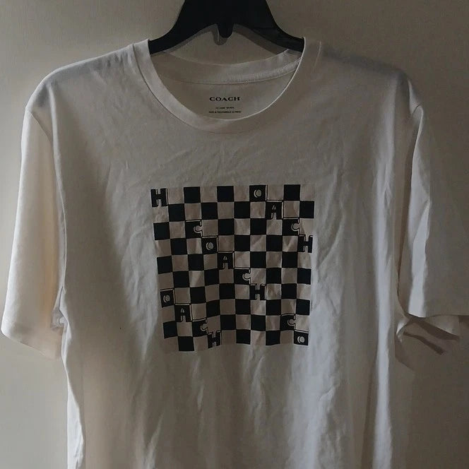 Coach Men's XX Large White Checkered Logo Cotton Short Sleeve T-Shirt