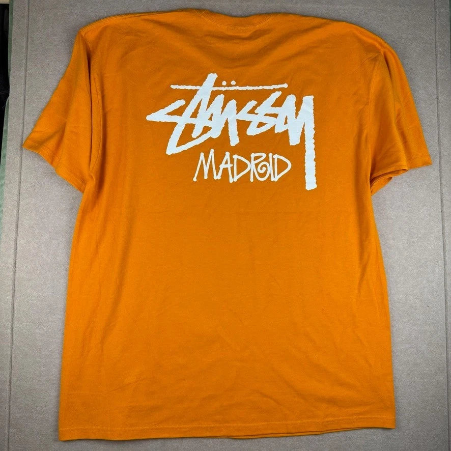 Stussy Madrid Shirt Mens 2XL Orange Big Logo City Tee Streetwear Skate