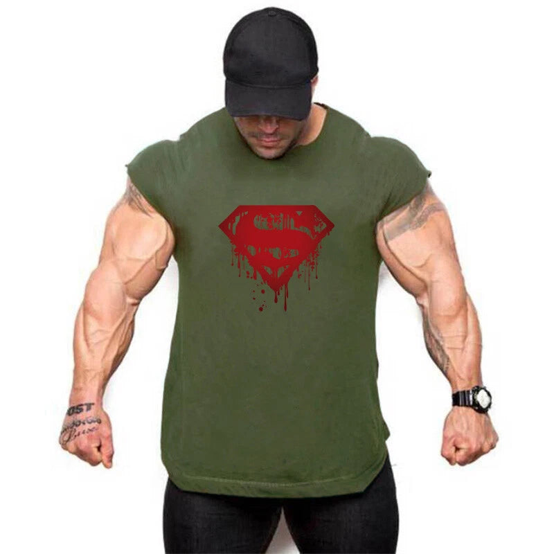 Men's Gym Fashion Superman Tank Tops Solid Vests Workout Fitness Sports Clothes