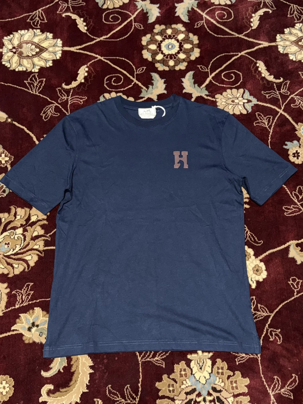 Hermes Designer Navy Blue Embroidered Logo H Cheval Cotton T-Shirt Size Medium