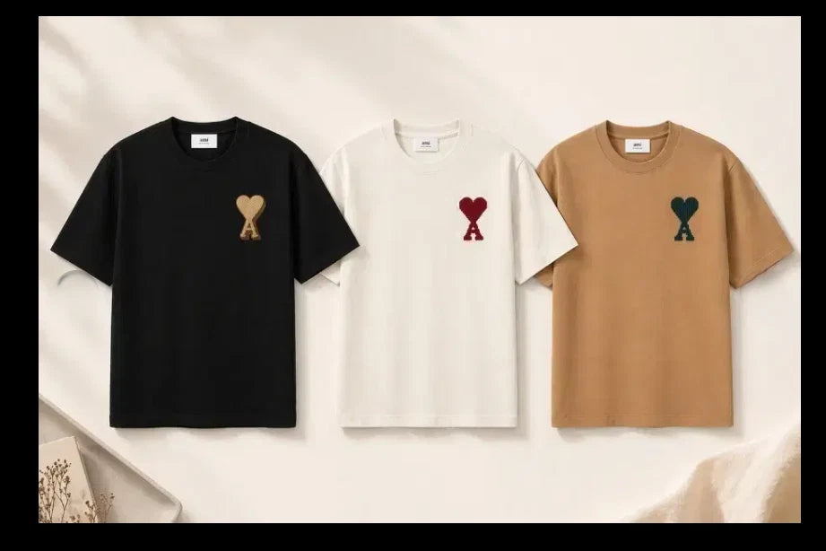 AMI Heart Logo T-Shirt Short Sleeve Casual Tee Black White Camel