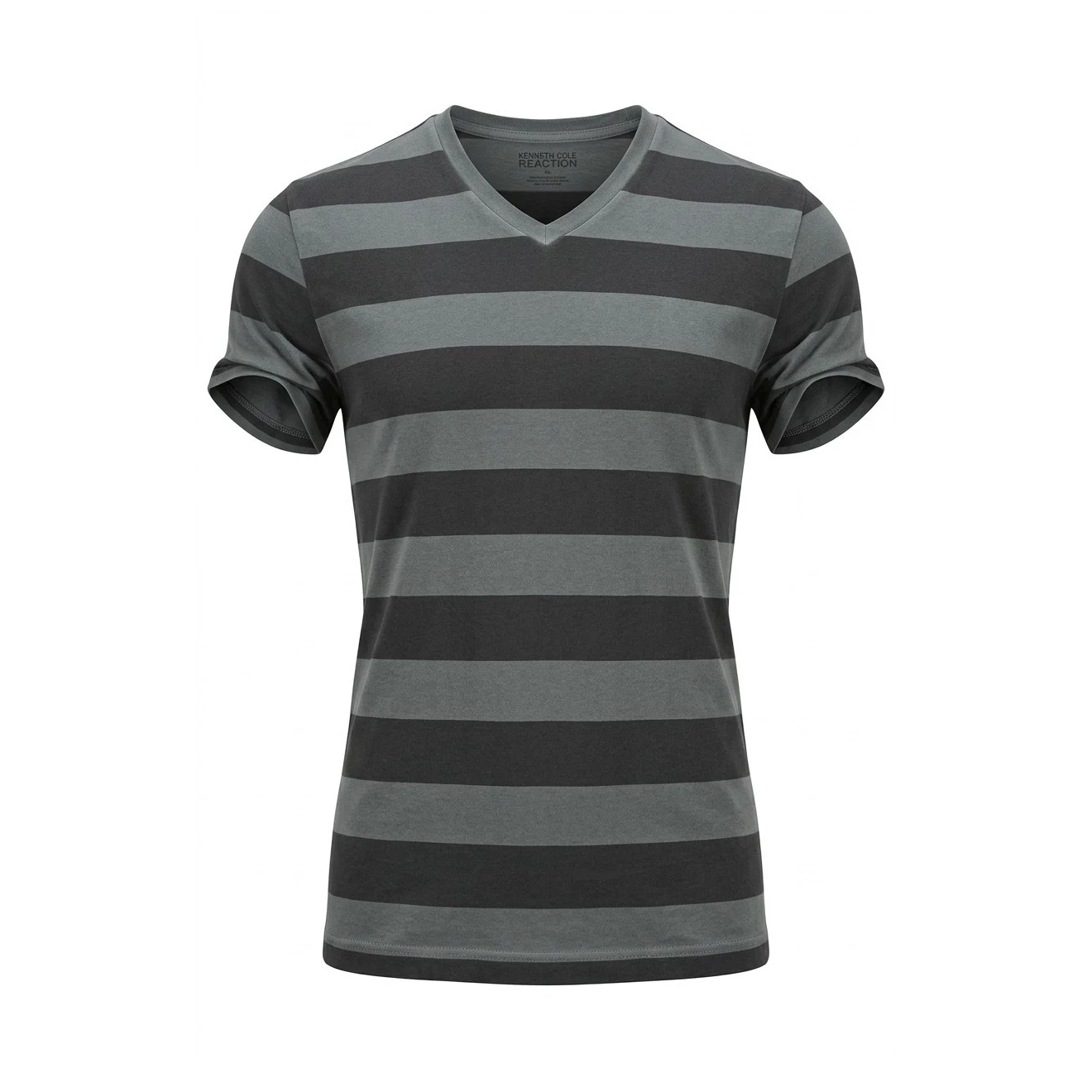 Kenneth Cole Reaction Men's Gray Black Cotton V-Neck Striped T-Shirt Size L