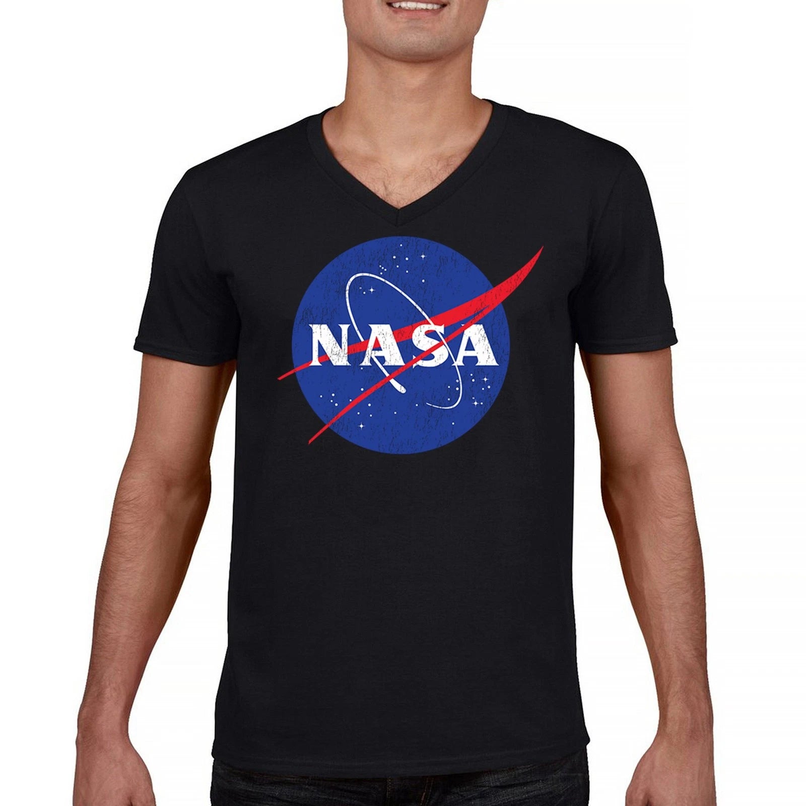 NASA Meatball Logo Men's V-Neck T-shirt American Astronaut Space UFO Souvenir