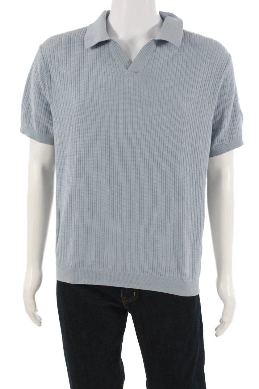 Zara Mens Light Blue Striped V-Neck Polo Short Sleeve 100% Cotton Size XL