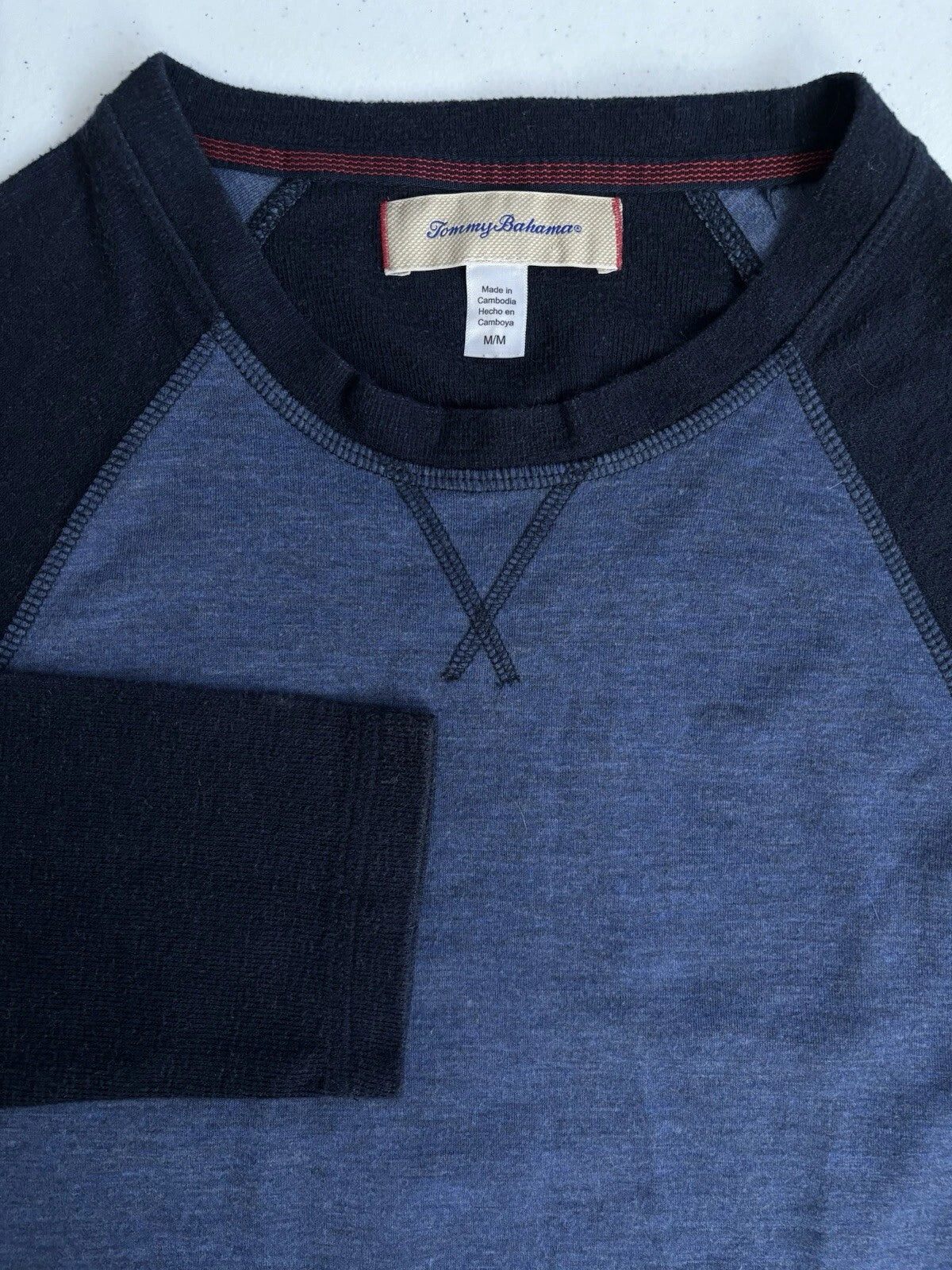 Tommy Bahama Men's Medium Light Blue and Navy Long Sleeve Crew Neck T-Shirt