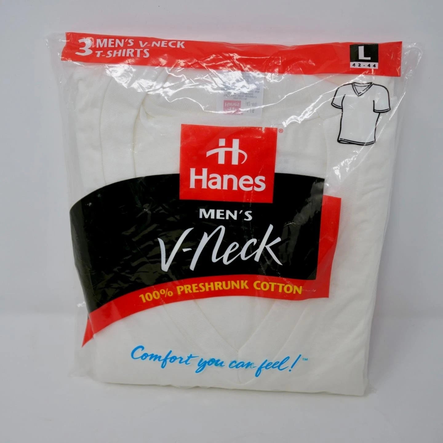 NEW NOS 90s Hanes Mens V Neck 100% Cotton T Shirts 3 Pack 1997 L 42-44 Sealed