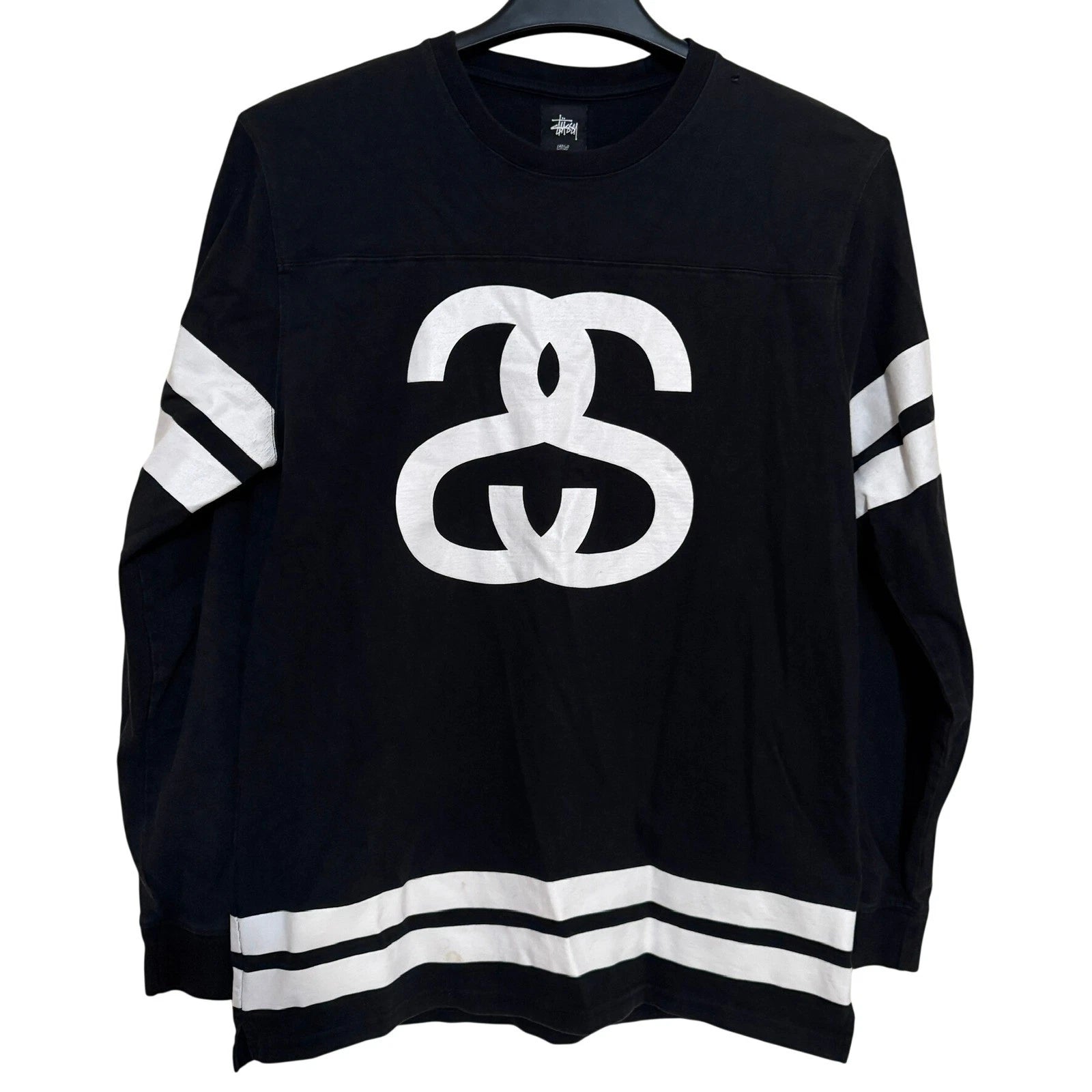 Stussy Long Sleeve Striped Shirt Mens Large Crewneck Streetwear Black White RARE