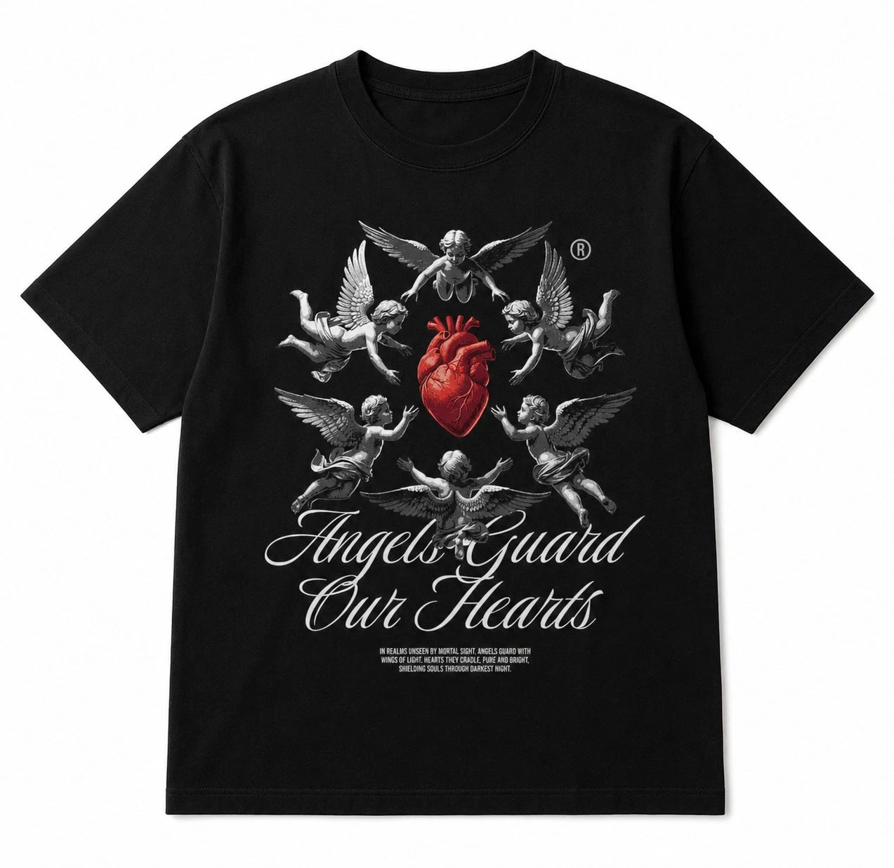 Angels Guard Our Hearts T-Shirt Renaissance Art Graphic Tee Heart Black UK