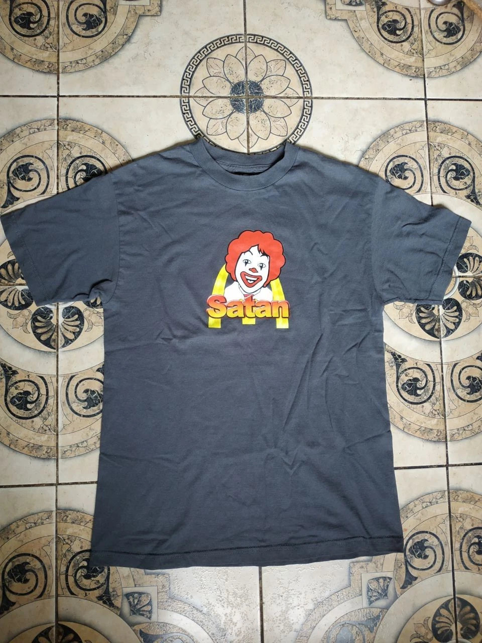 Satan McDonald's Parody T-Shirt Grey Size M Made in USA Streetwear