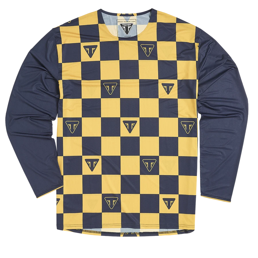 GENUINE Triumph Motorcycles Austin Long Sleeve Checkerboard Jersey  Navy/Yellow