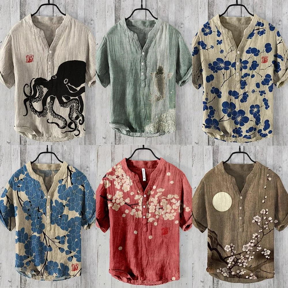 Printed Shirts Blouse Short Sleeve Men's Tops Teescomfortable V Neck Retro #