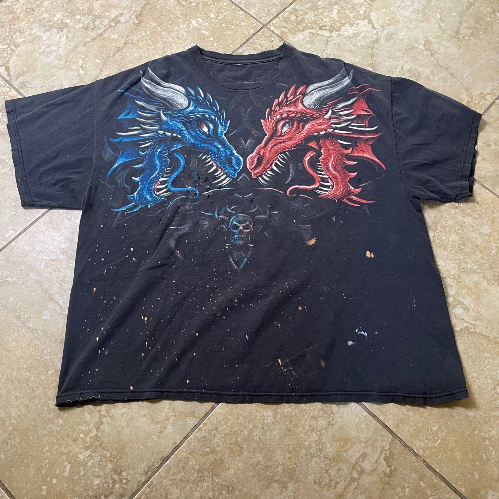 Vintage Y2K Dragon T Shirt Double Sided Graphic Print Distressed Black