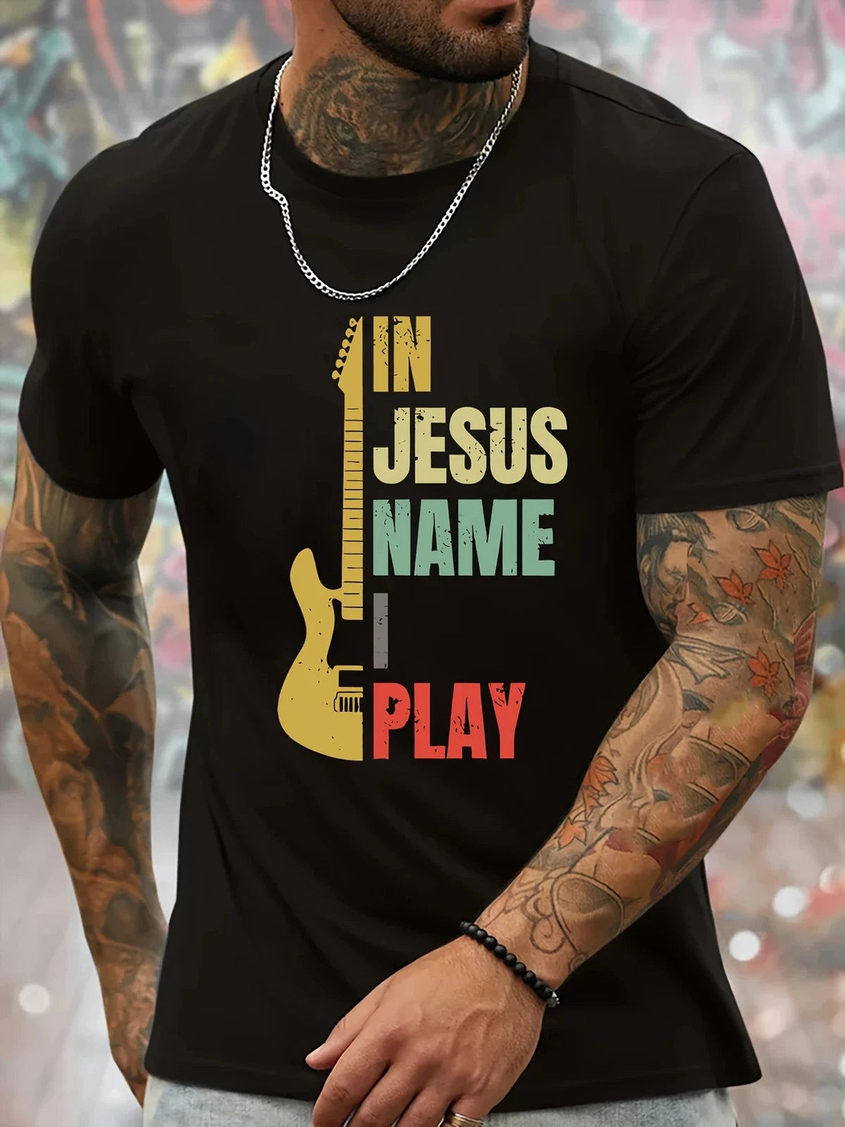 Mens Stylish Graphic Print T-Shirt - Summer Trendy Short Sleeve Tee with Guitar