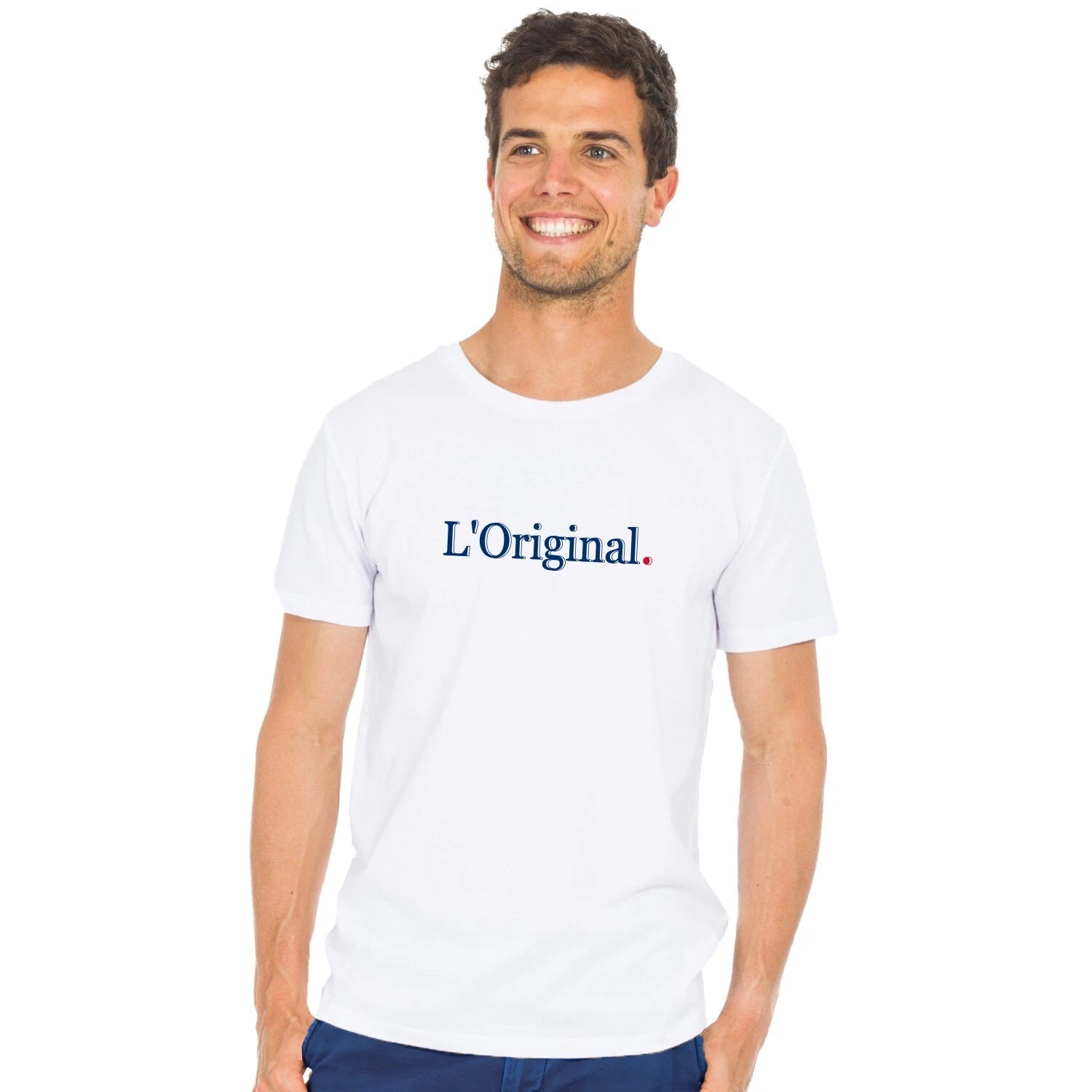 Men's Short Sleeve White T-Shirt L'GENUINE Cotton Color Block Graphic