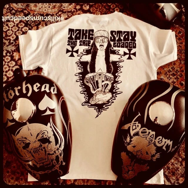 STAY LOADED Shovelhead & Snake white tee shirt hippie biker lsd 70's motorcycle