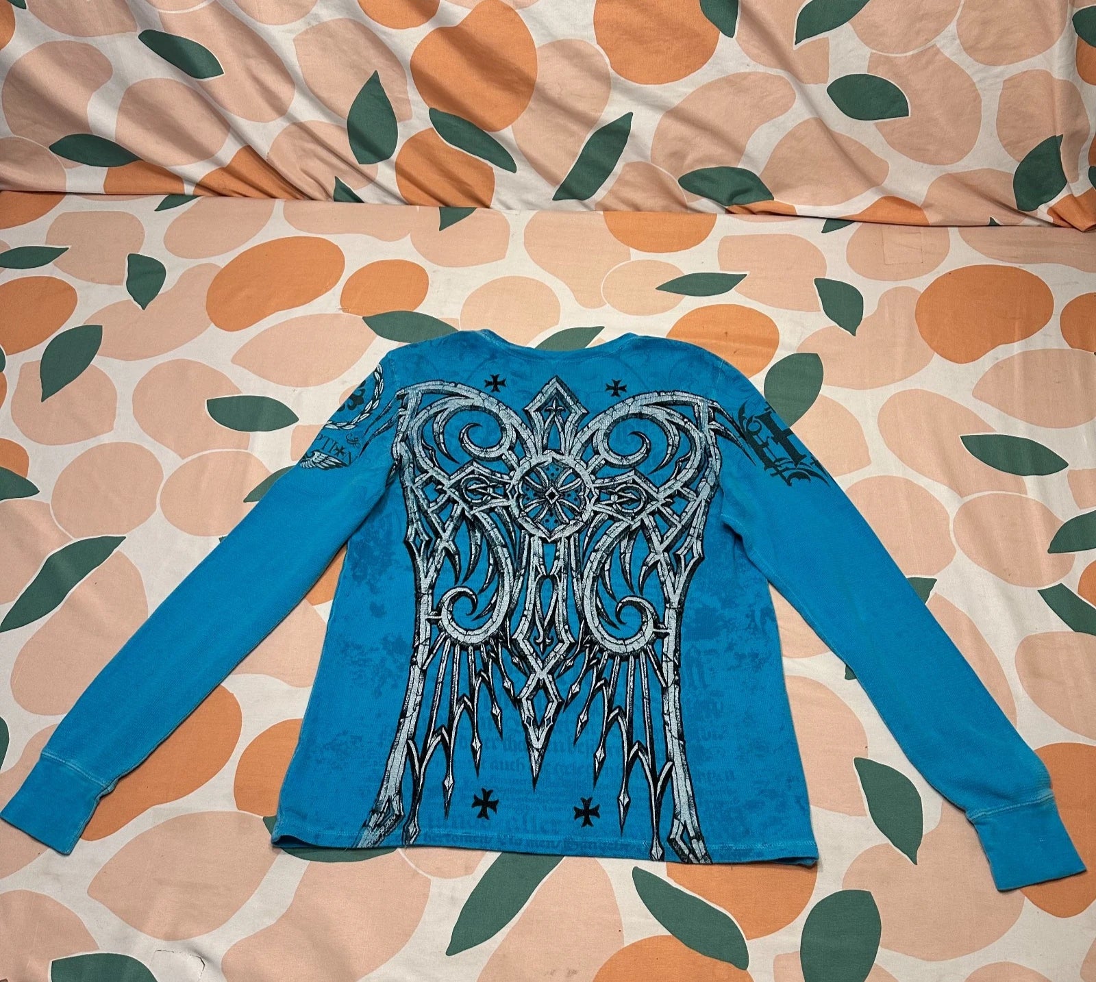 Affliction Raw State Thermal Shirt Men's Small Blue Wings Cross Cyber Grunge