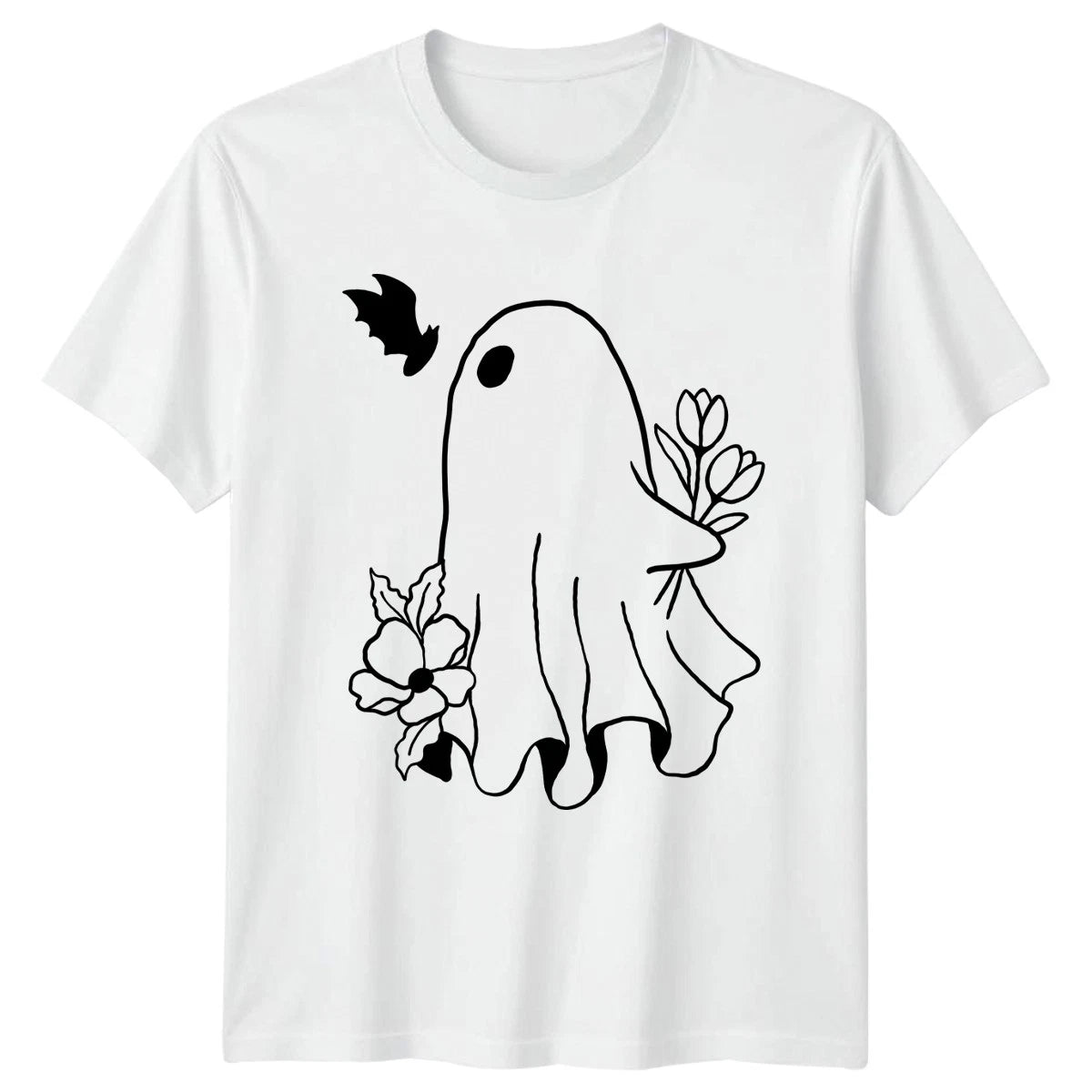 Ghost With Flowers Bat Halloween T-Shirt Aesthetic Floral Halloween Gift