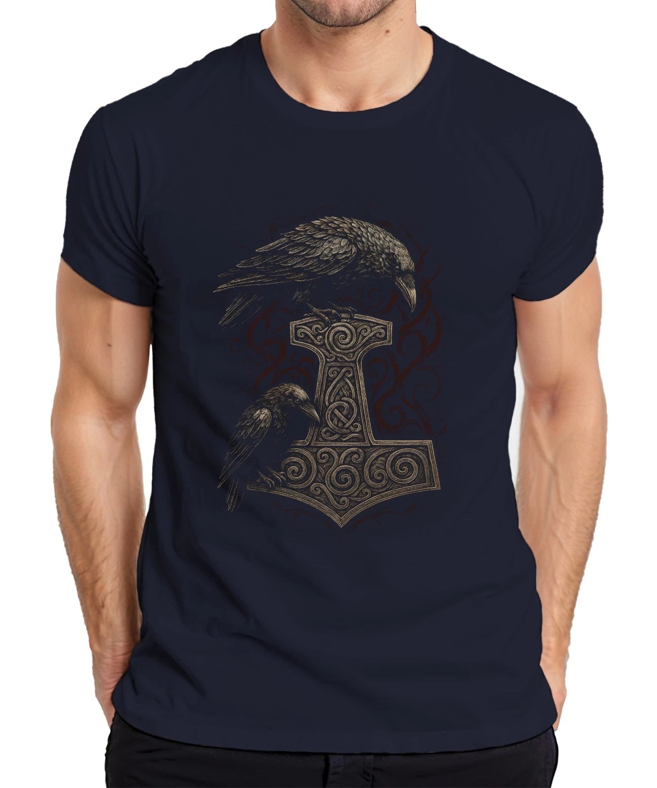 Thor's Hammer with Raven Norse Mythology Viking Rune Art Men's T-Shirt