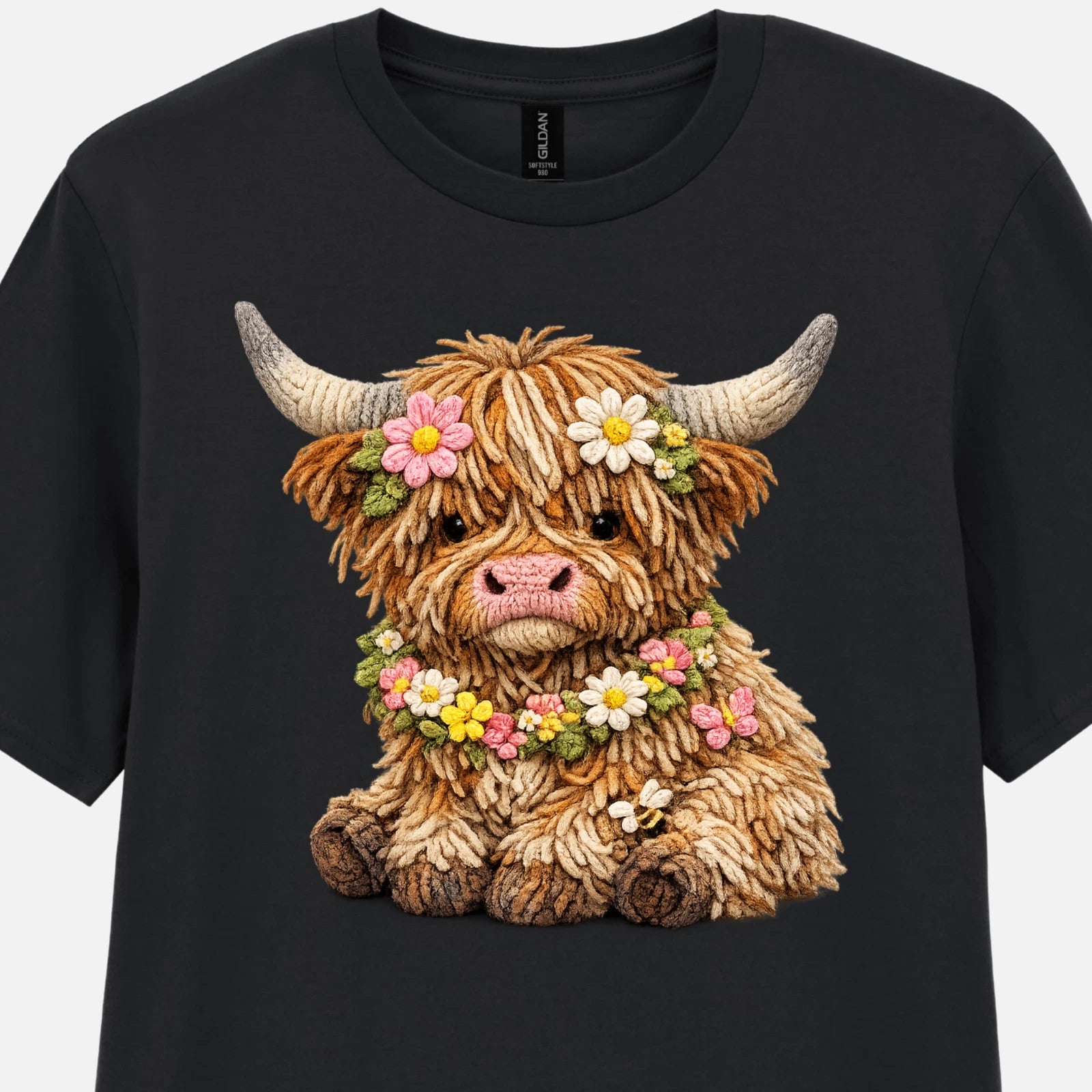 Floral Highland Cow Graphic T-Shirt Yarn Effect Spring Calf Unisex Tee S-2XL