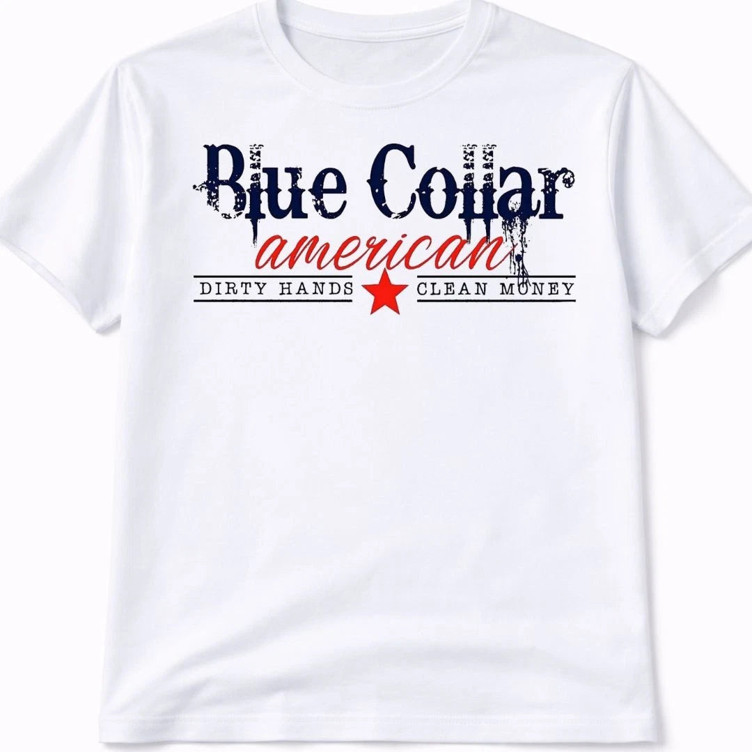 Blue Collar American Graphic T Shirt Trendy Western Style Tee Mens Gift White