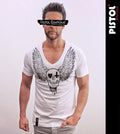 Pistol Boutique Men's Fitted White Deep V neck CHEST SKULL WINGS HEART T-shirt