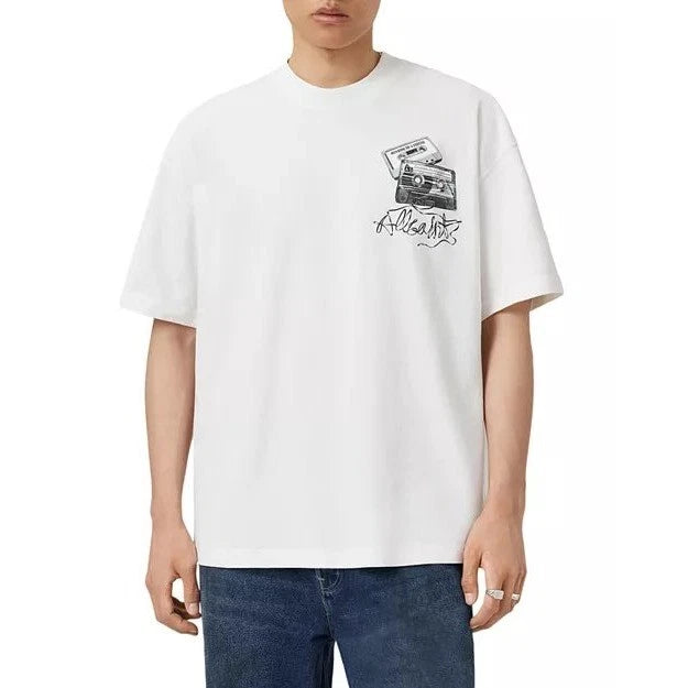 AllSaints Reel SS Crew Oversized T-Shirt Chalk White Cassette Graphic M019PD New