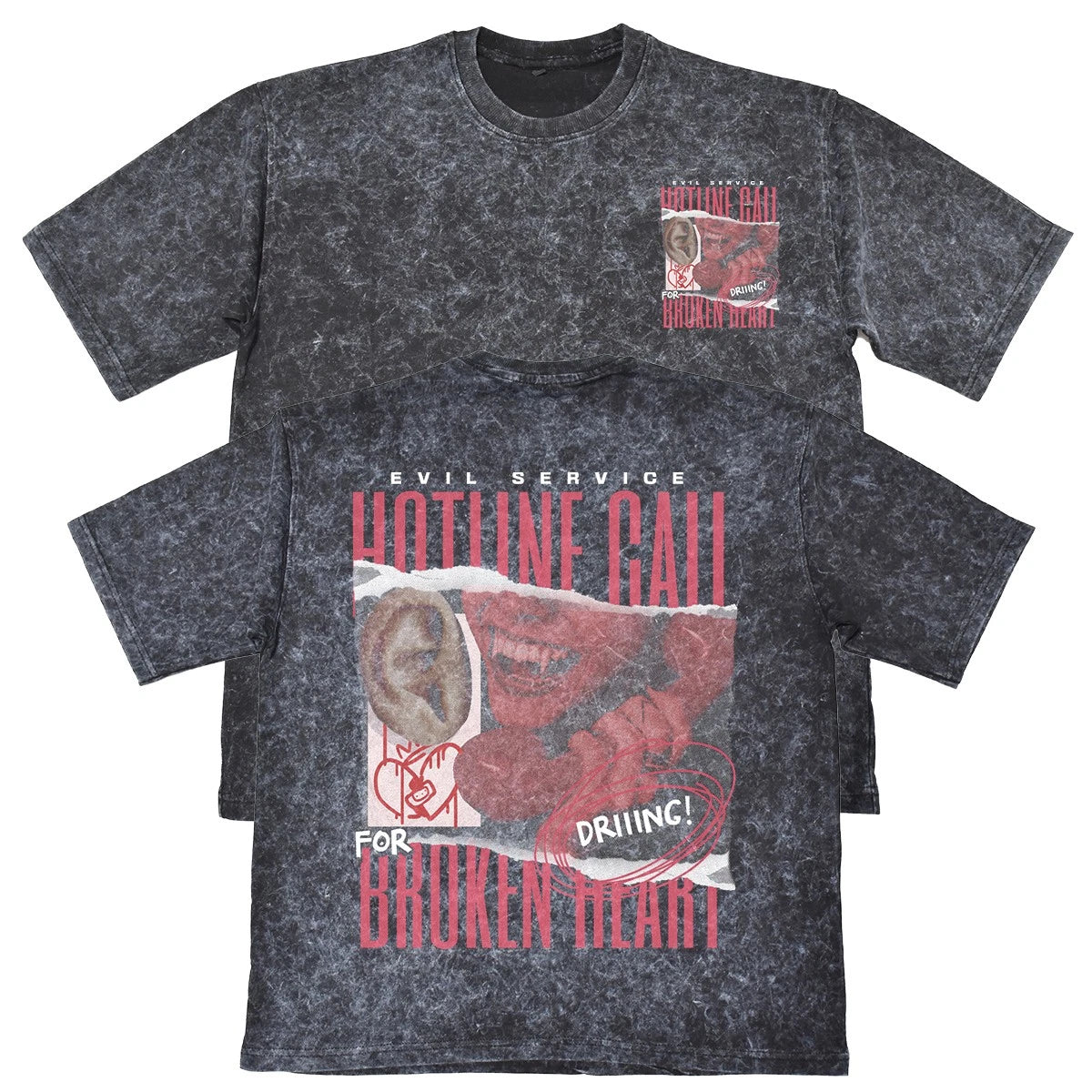 Evil Service Hotline Call Unisex Mens Carbon Grey 240gsm Acid Wash T-Shirt Gift