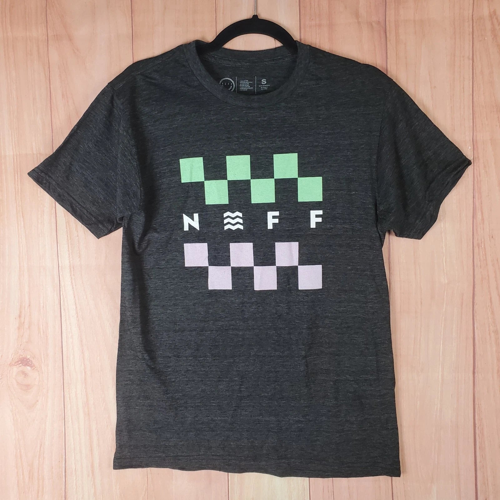 Neff T Shirt Mens Small Heather Gray Cotton Graphic Checkerboard Spellout Logo