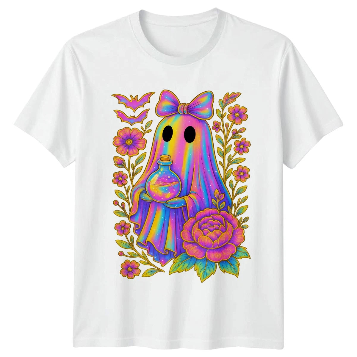 Cute Halloween Ghost Iridescent Floral Womens T-Shirt Halloween Gift For Her