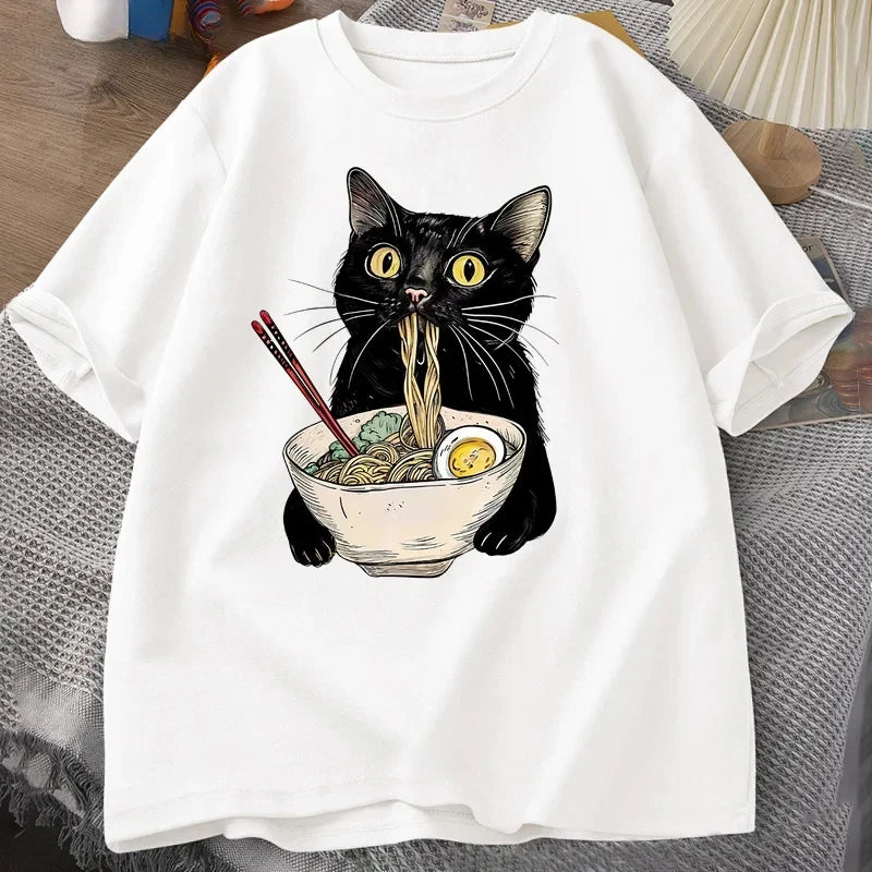 Noodle Ramen Cat T-Shirt Foodie Lover T Shirts Black Cat Noodle T-Shirts Retro C