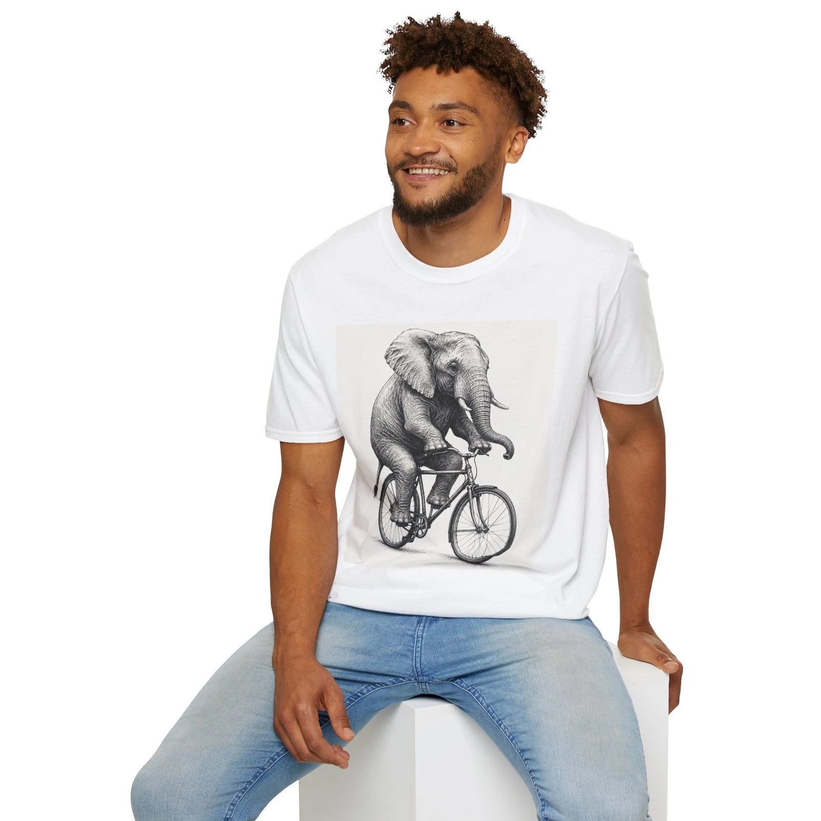 Elephant Riding Bicycle T-Shirt | Vintage Sketch Art