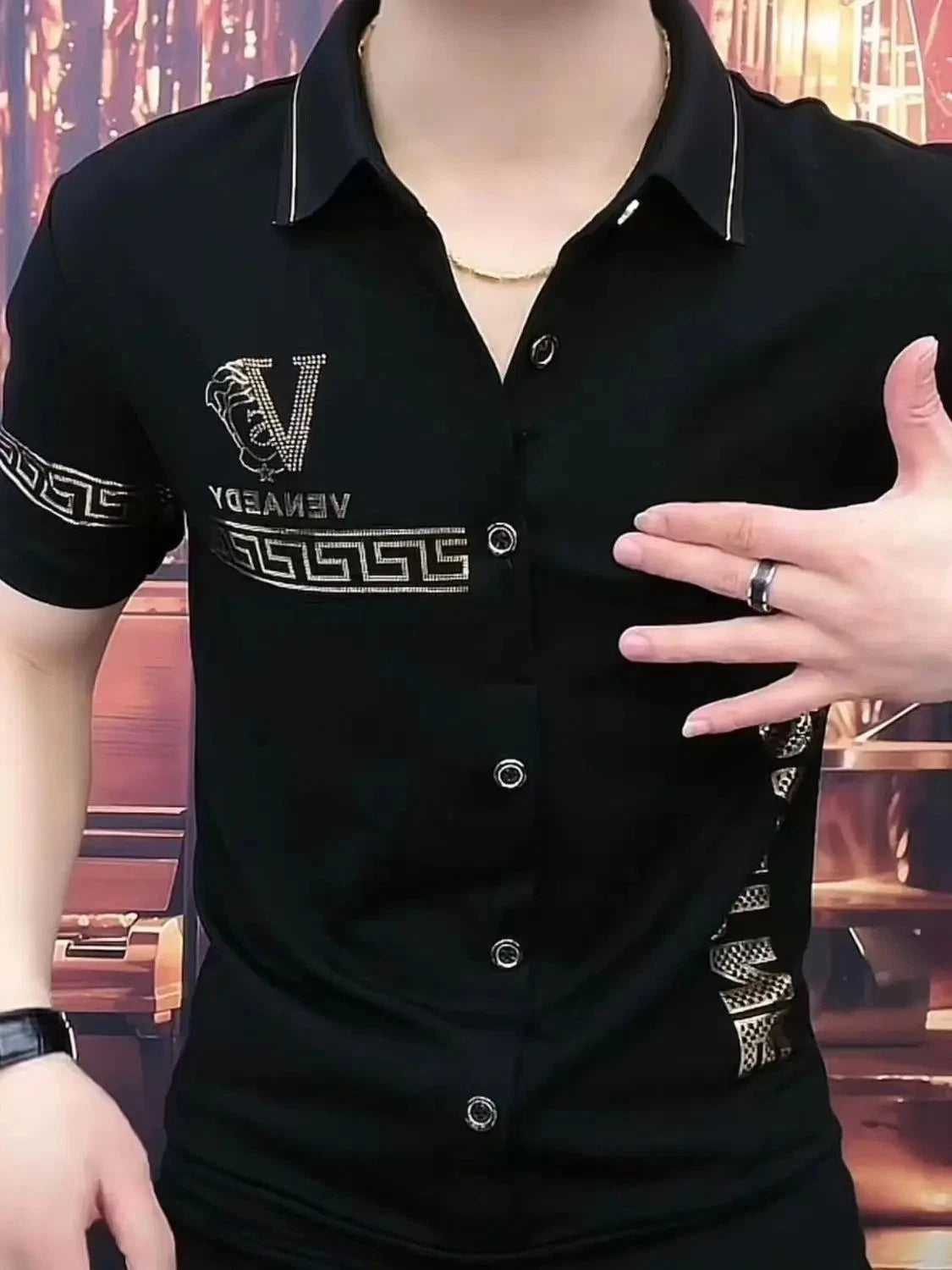 New Men Luxury V-Letter Fashion Black Polo T-Shirt High Quality