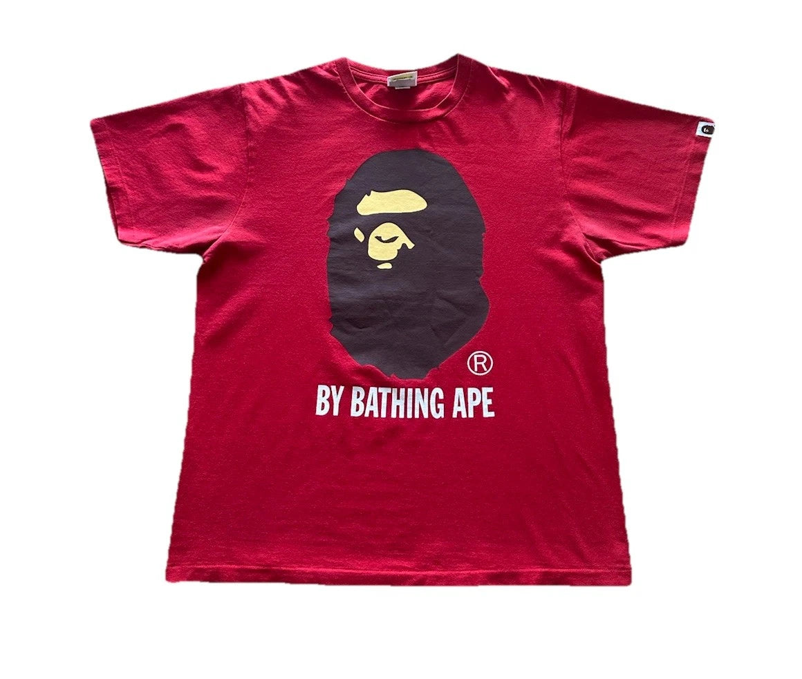 A Bathing Ape Men's Red Cotton T-Shirt Size Medium Ape Head Logo Crew Neck