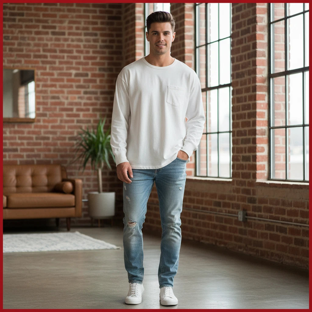 Mens White Long Sleeve Pocket Tee Large Minimalist Casual Layering Shirt