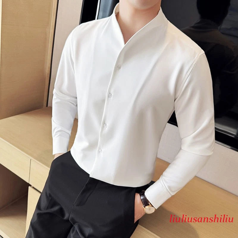Advanced Sexy V-neck Men's Shirt Stand Up Collar Shirt Slim Fit Black White Top