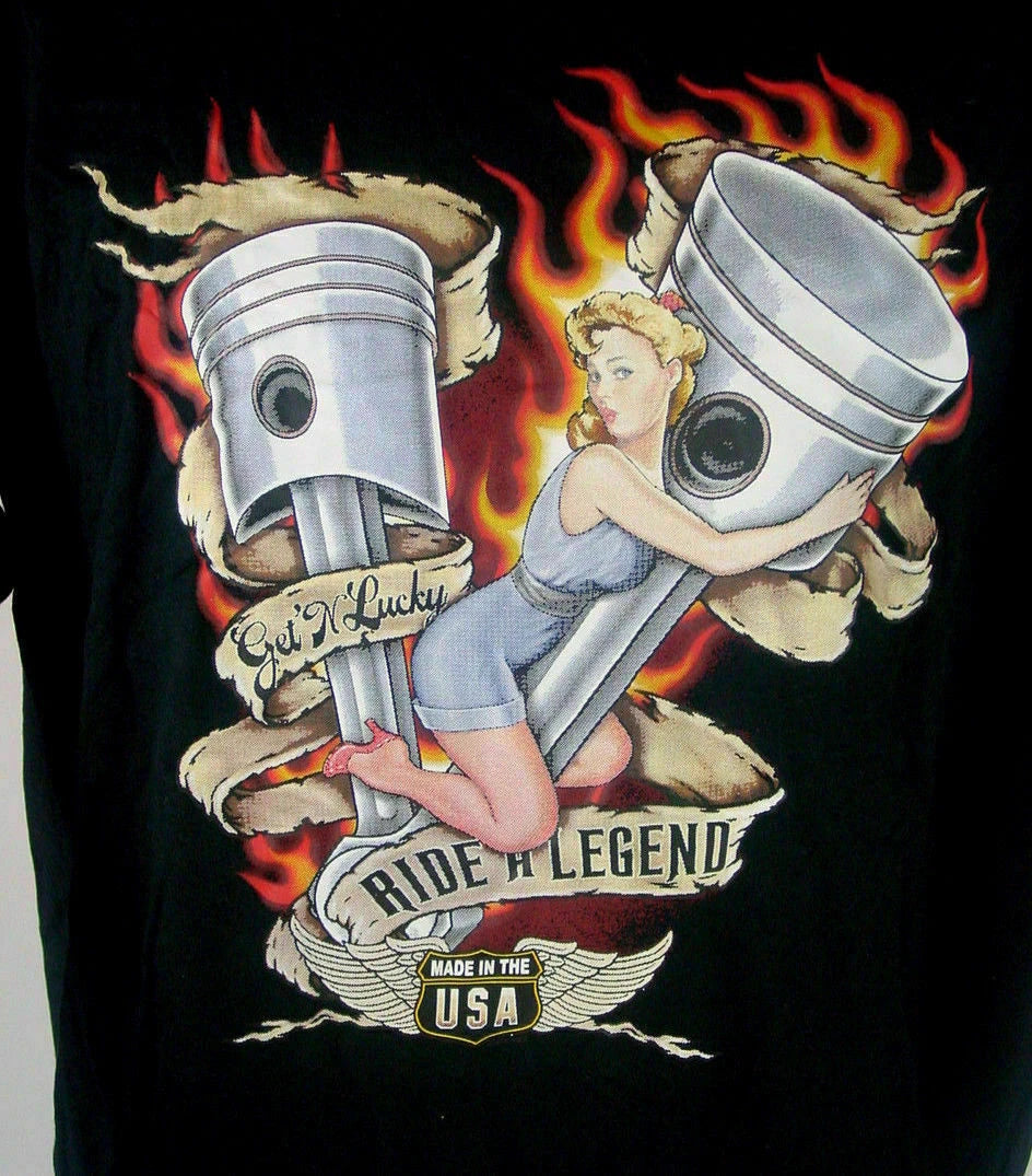 T-Shirt Ride A Legend Pistons Babe Rockabilly Nose Art Pin-Up Hot Rat Rod V8