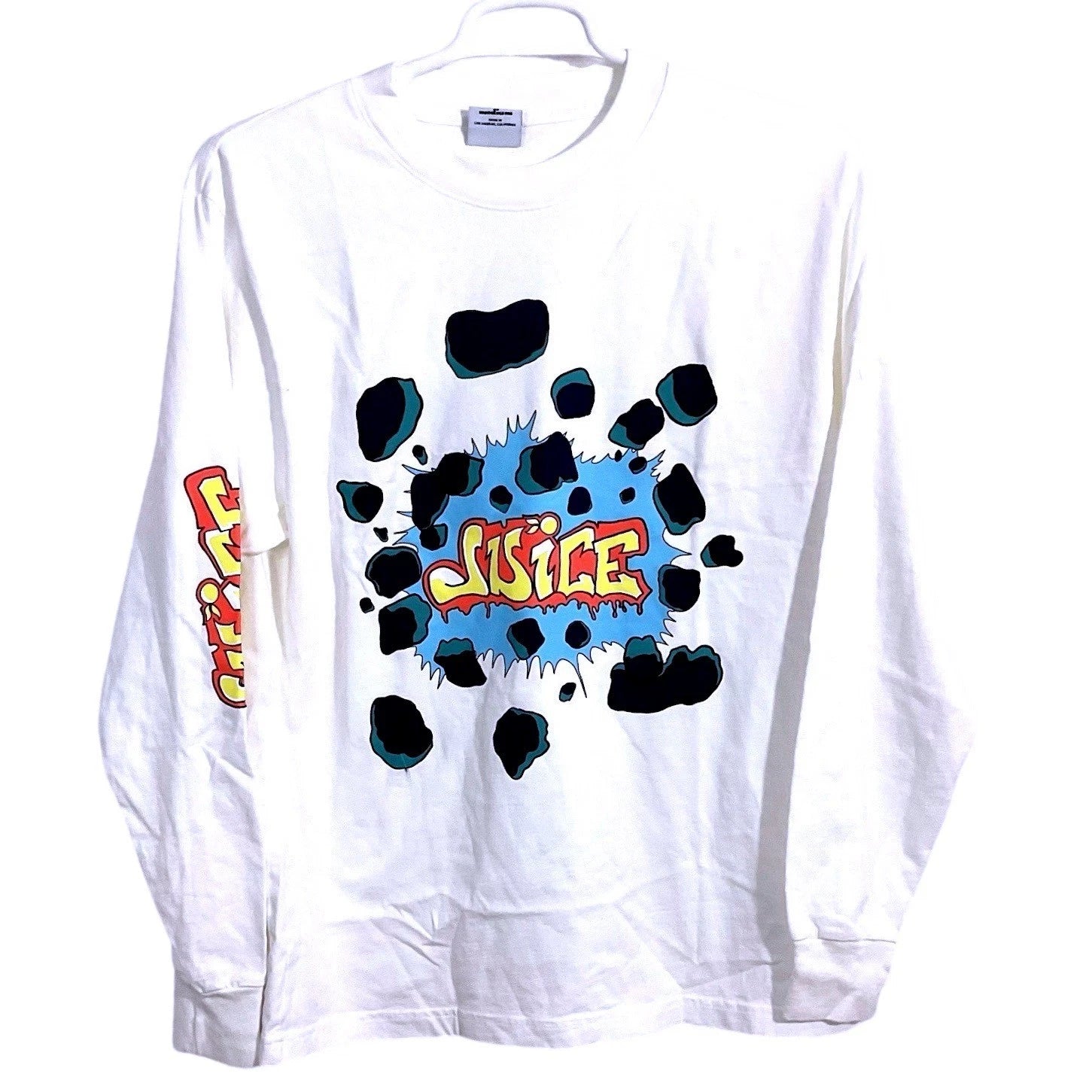 Juice Mens White Long Sleeve Graphic T-Shirt Graffiti Logo Made in USA Size M
