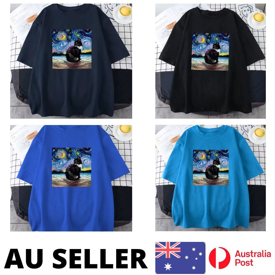 Oil Painting Starry Sky Cat Print Men Tshirts Creativity Casual - AU Stock