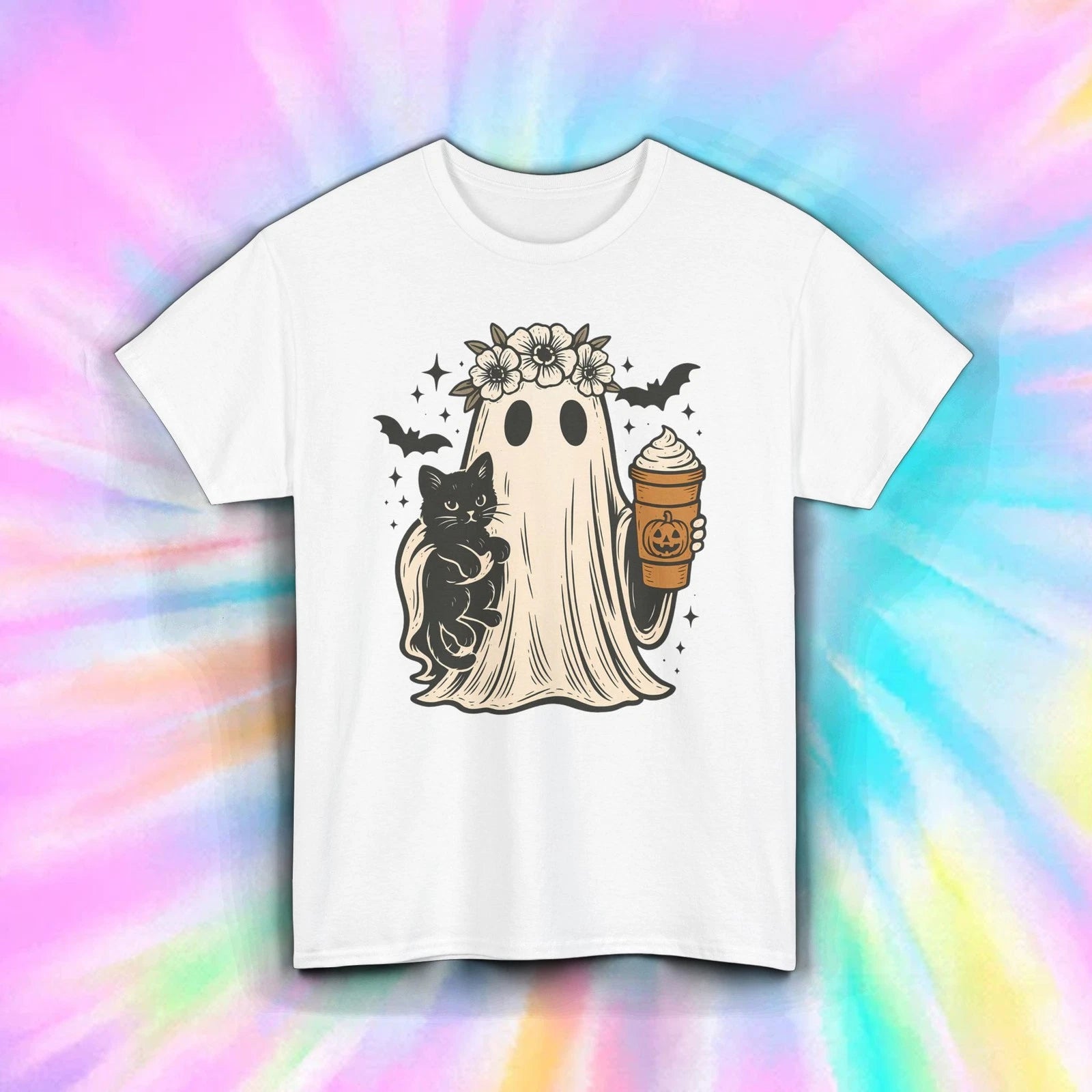 Cute Ghost Cat Coffee Shirt | Halloween Fall Pumpkin Spice Latte Aesthetic Tee