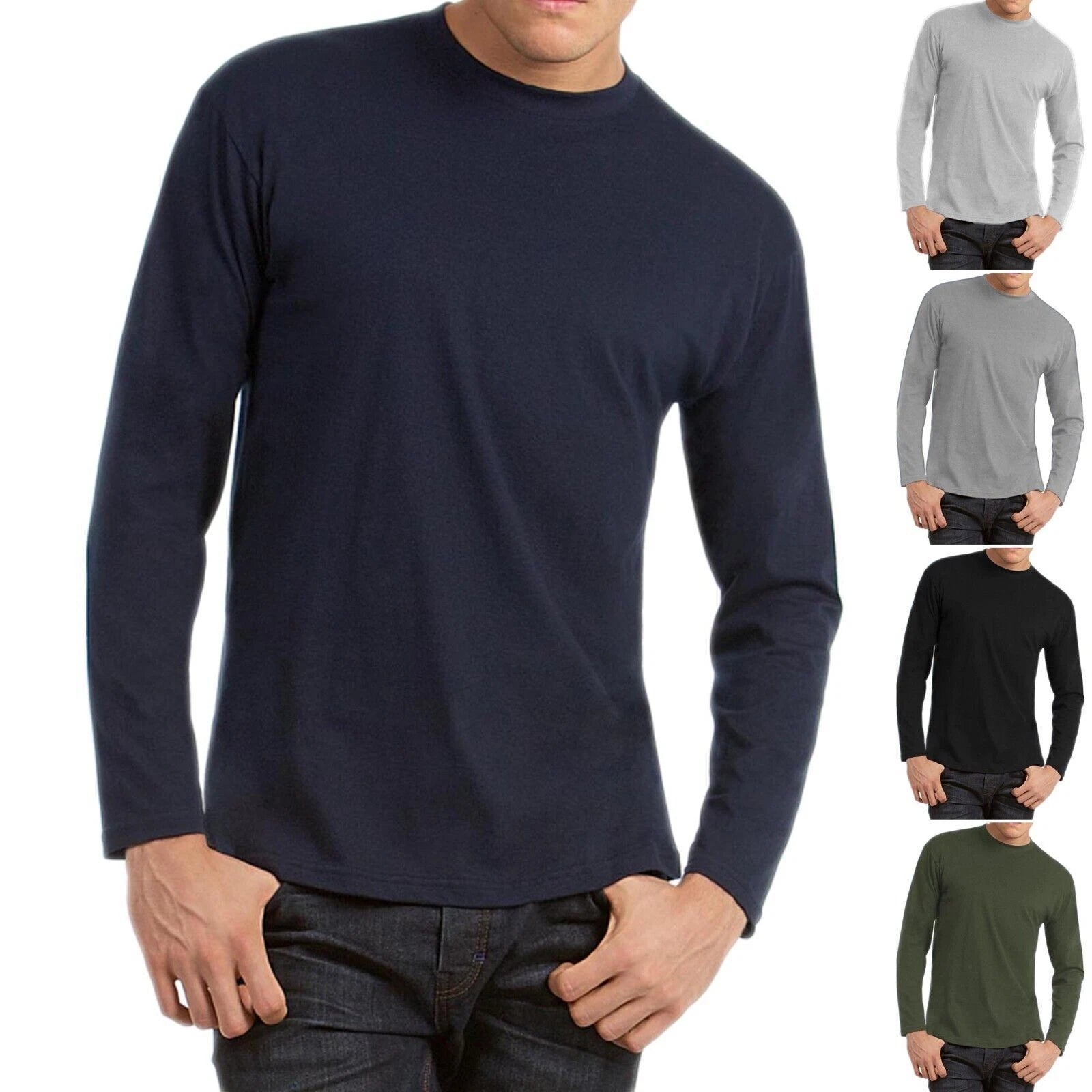 Mens Long Sleeve T Shirt Poly Cotton Plain Crew Neck Tee Casual Regular Top UK