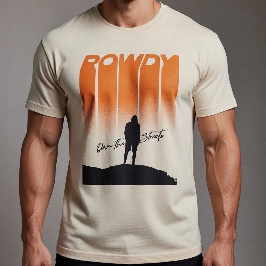 Rowdy Own the Streets Graphic T Shirt Mens Size Medium Beige Cotton