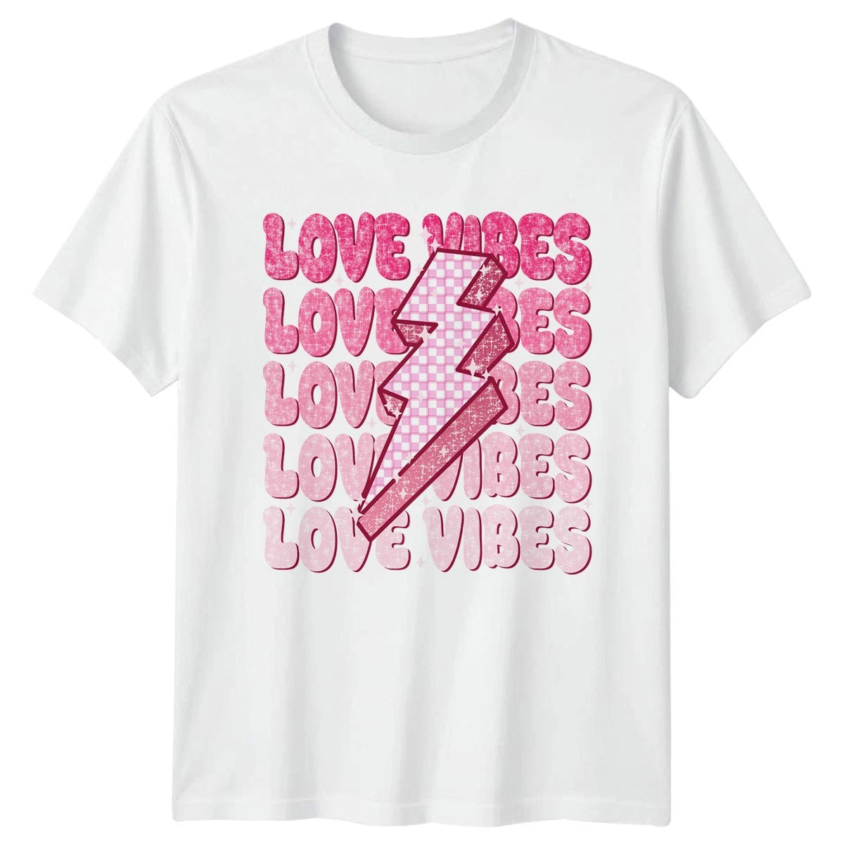 Love Vibes Checkered Lightning Bolt Womens T-Shirt Groovy Retro Aesthetic