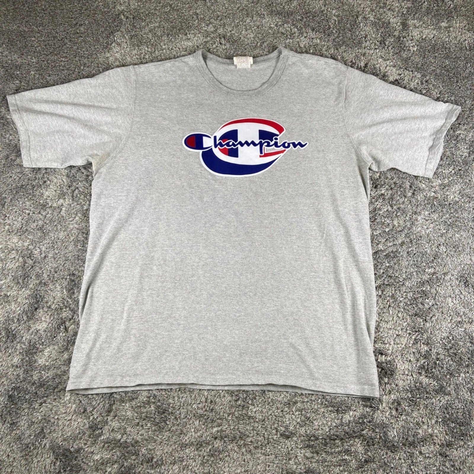 Champion Shirt Mens 2XL Grey Graphic Big Logo Short Sleeve Tee Streetwear Y2k