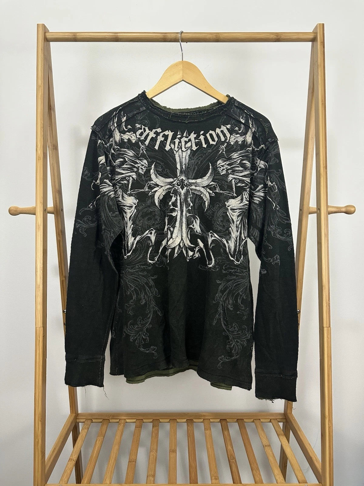 VTG Affliction Cross Angel Death Emo Grunge Goth Thermal LS REVERSIBLE Shirt XL