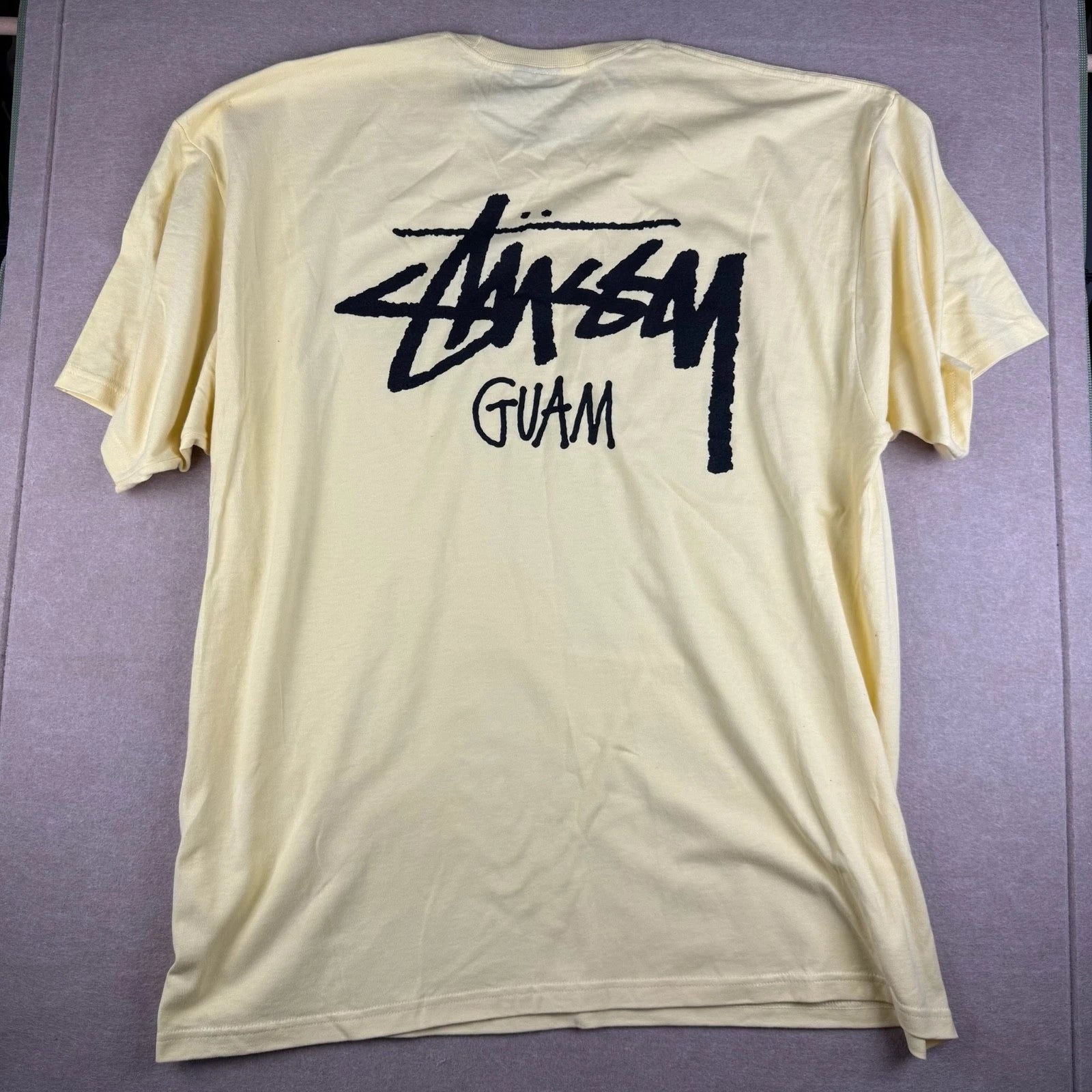 Stussy Guam Shirt Mens 2XL Yellow Logo Streetwear Skate Surf Graphic Tee